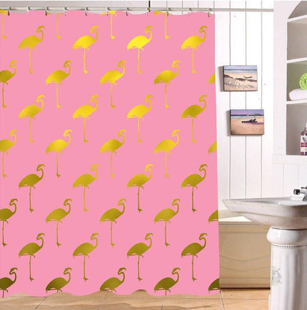 Tenda doccia rosa con fenicotteri dorati