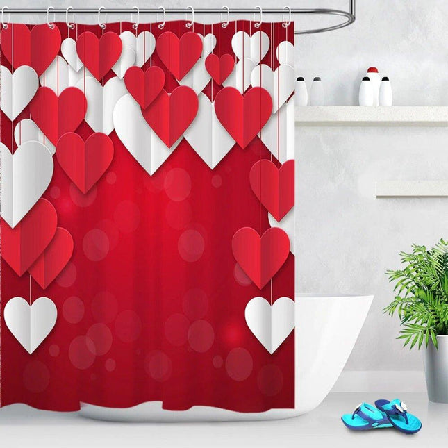Tenda doccia rossa e bianca con cuori