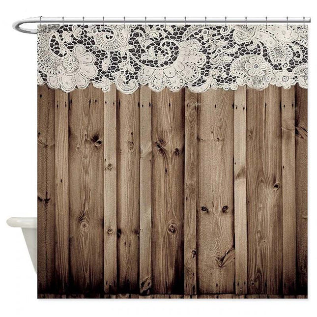 Tenda doccia shabby con effetto legno