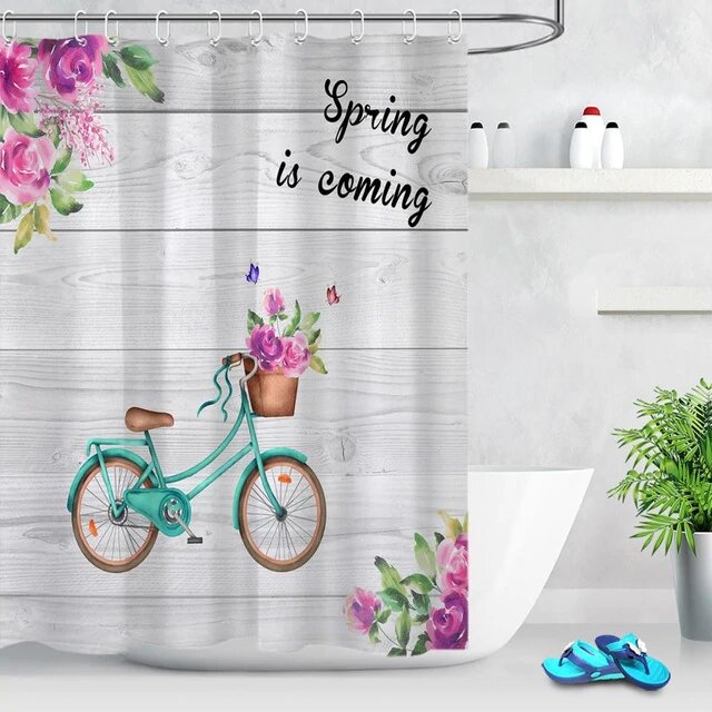 Tenda doccia shabby con bicicletta floreale