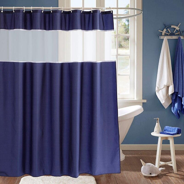 Tenda da doccia a righe blu e bianca