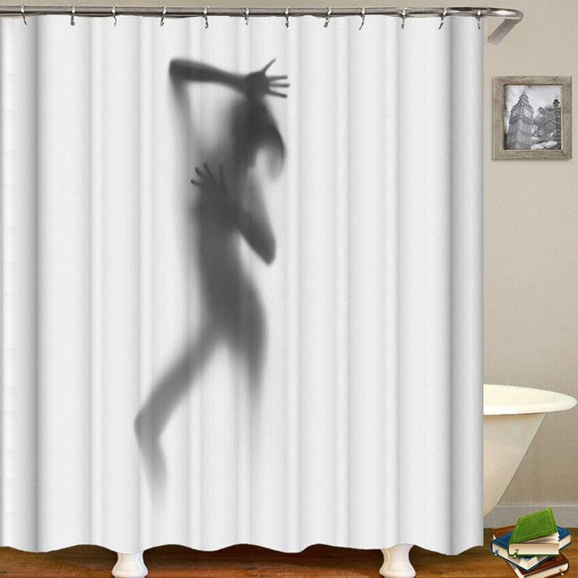 Tenda da doccia con ombra di donna