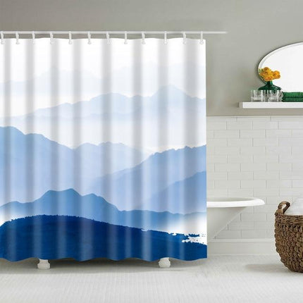 Tenda doccia con paesaggio montano blu