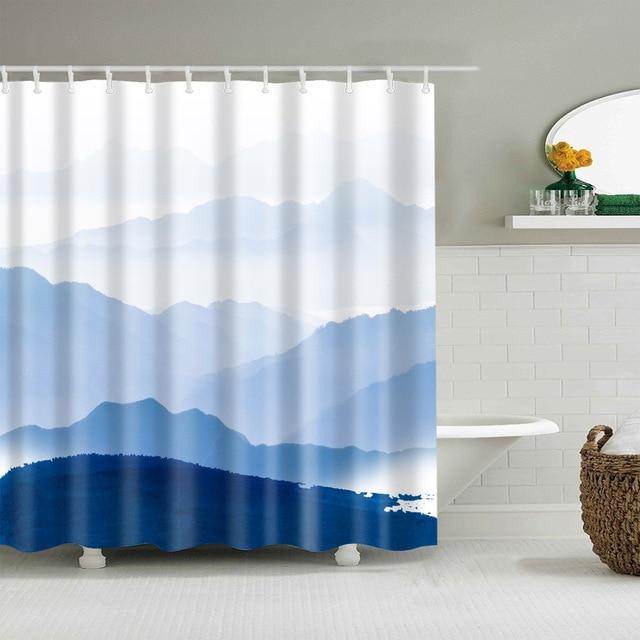Tenda doccia con paesaggio montano blu