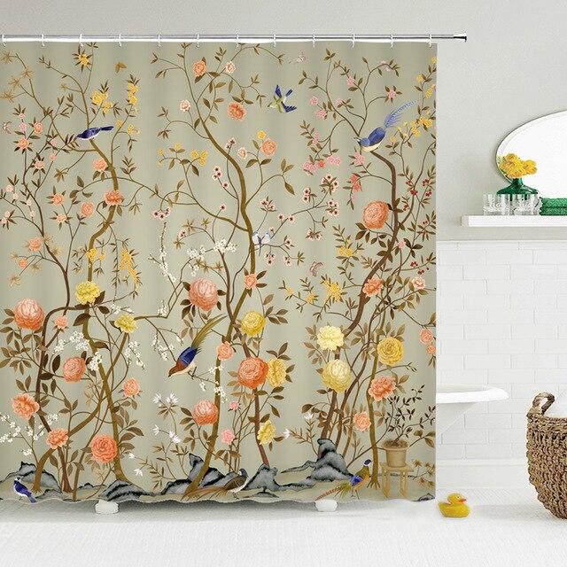 Tenda doccia stile chinoiserie con uccelli
